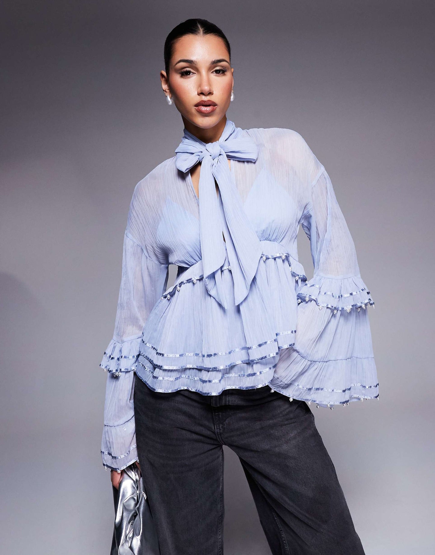 Pearl Embellished Chiffon Exaggerated Blouse