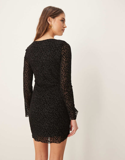 Flocked Leopard Mesh Long Sleeve Mini Dress