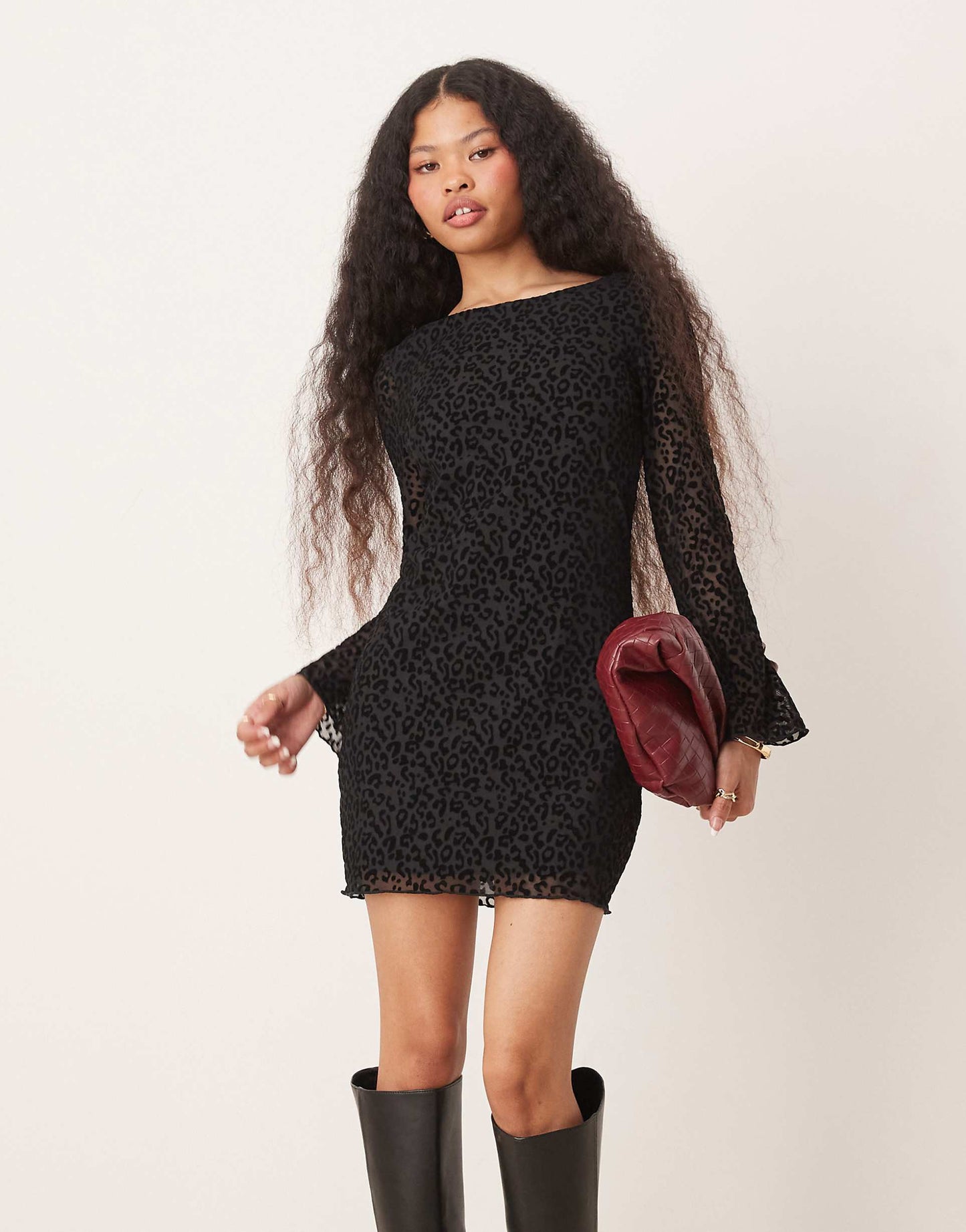 Petite Flocked Leopard Mesh Long Sleeve Mini Dress