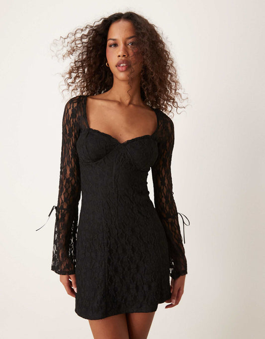 Lace Long Sleeve Mini Skater Dress