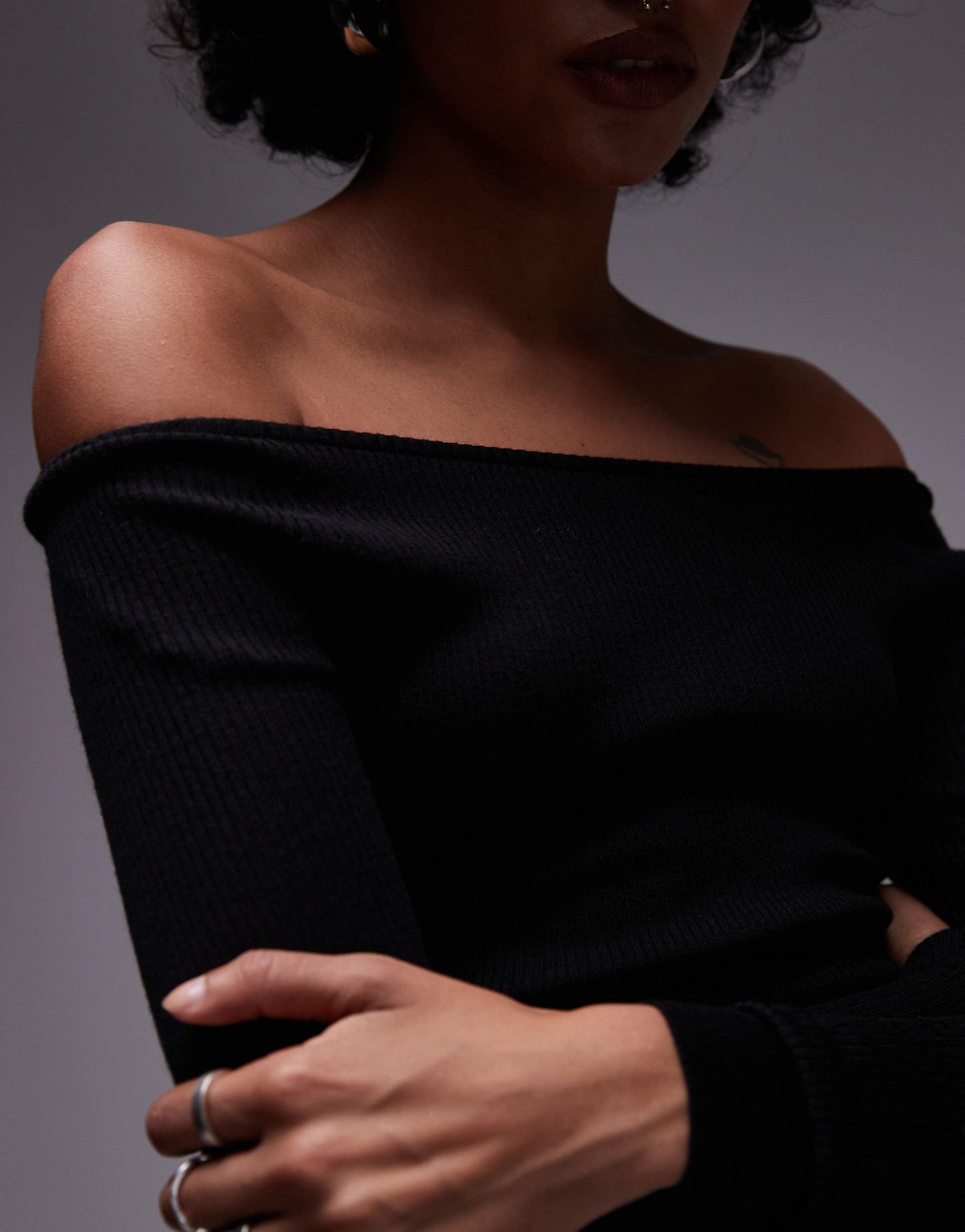 Merino Wool Blend Fine Knitted Rib Off Shoulder Top