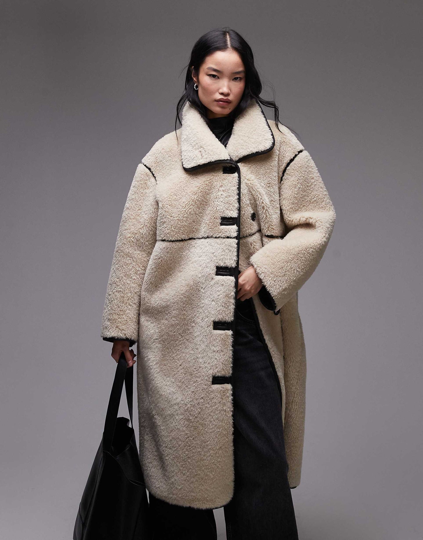 Oversized Faux Shearling Midi Coat With Brown Contrast Edging