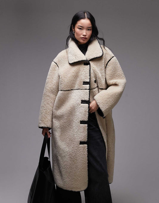 Oversized Faux Shearling Midi Coat With Brown Contrast Edging