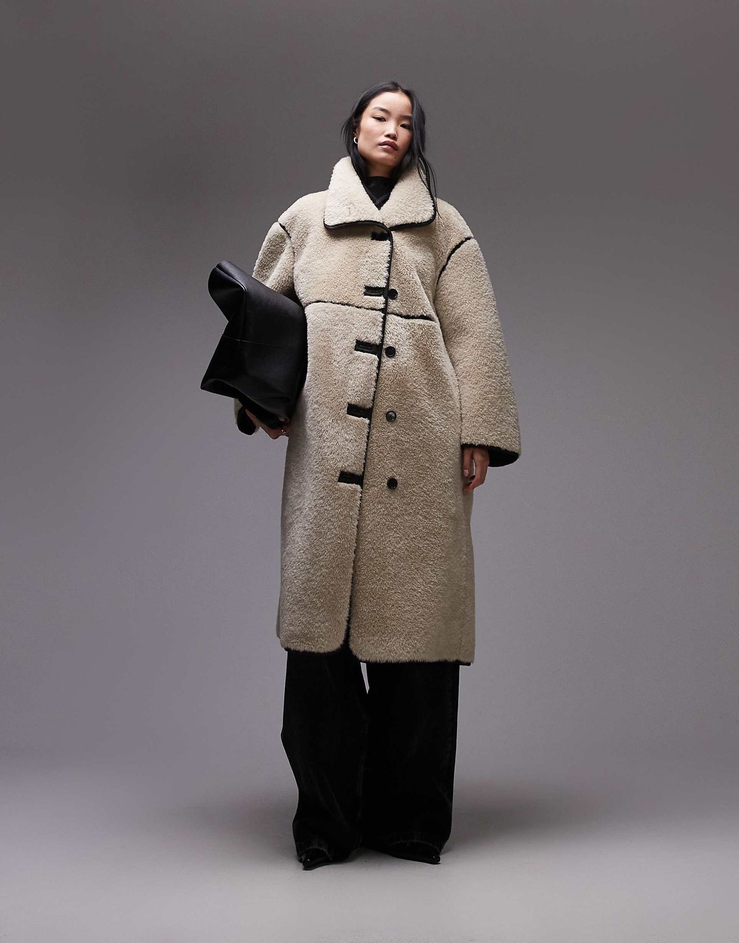 Oversized Faux Shearling Midi Coat With Brown Contrast Edging