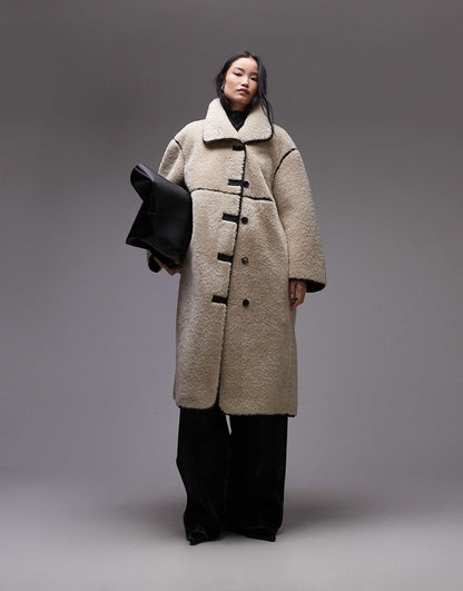 Oversized Faux Shearling Midi Coat With Brown Contrast Edging
