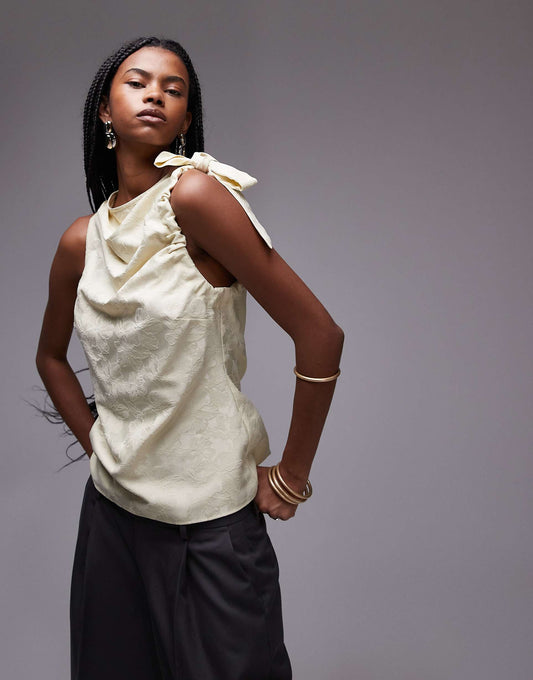 Jacquard Ruch Shoulder Sleeveless Top