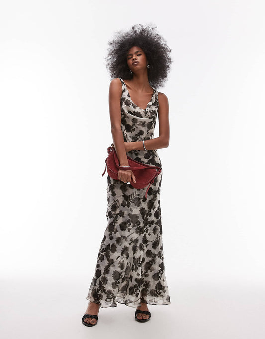 Built Up Double Layered Cowl Neck Maxi Dress