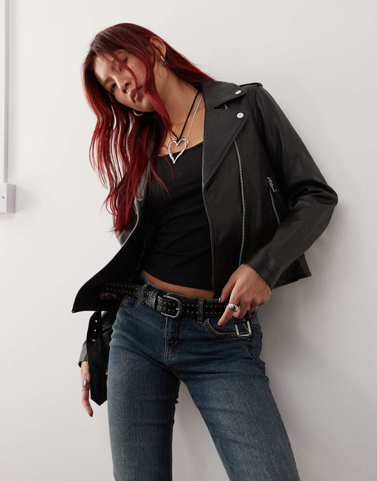 Real Leather Belted Biker Jacket