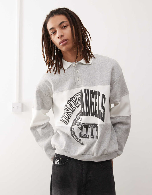 Andre Oversized Polo Sweatshirt With Cut And Sew Varsity Graphic