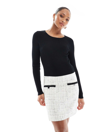 Long Sleeve Tweed Contrast Pocket Detail Mini A Line Dress