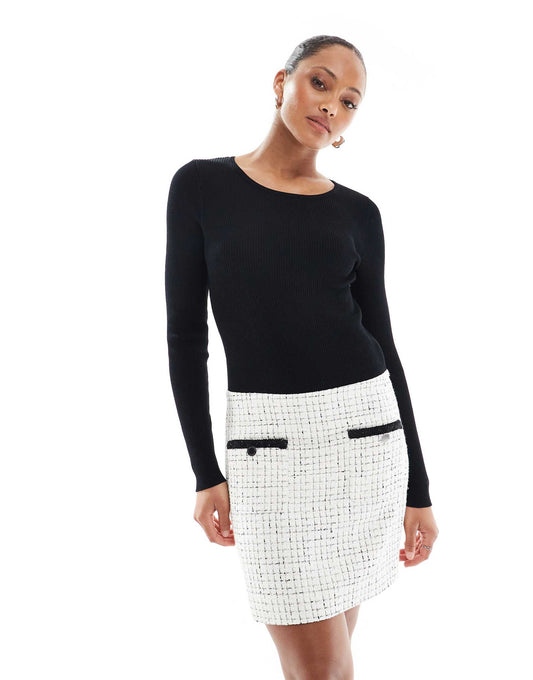 Long Sleeve Tweed Contrast Pocket Detail Mini A Line Dress