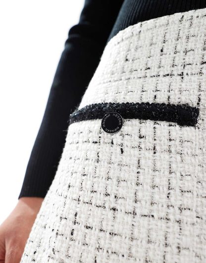 Long Sleeve Tweed Contrast Pocket Detail Mini A Line Dress