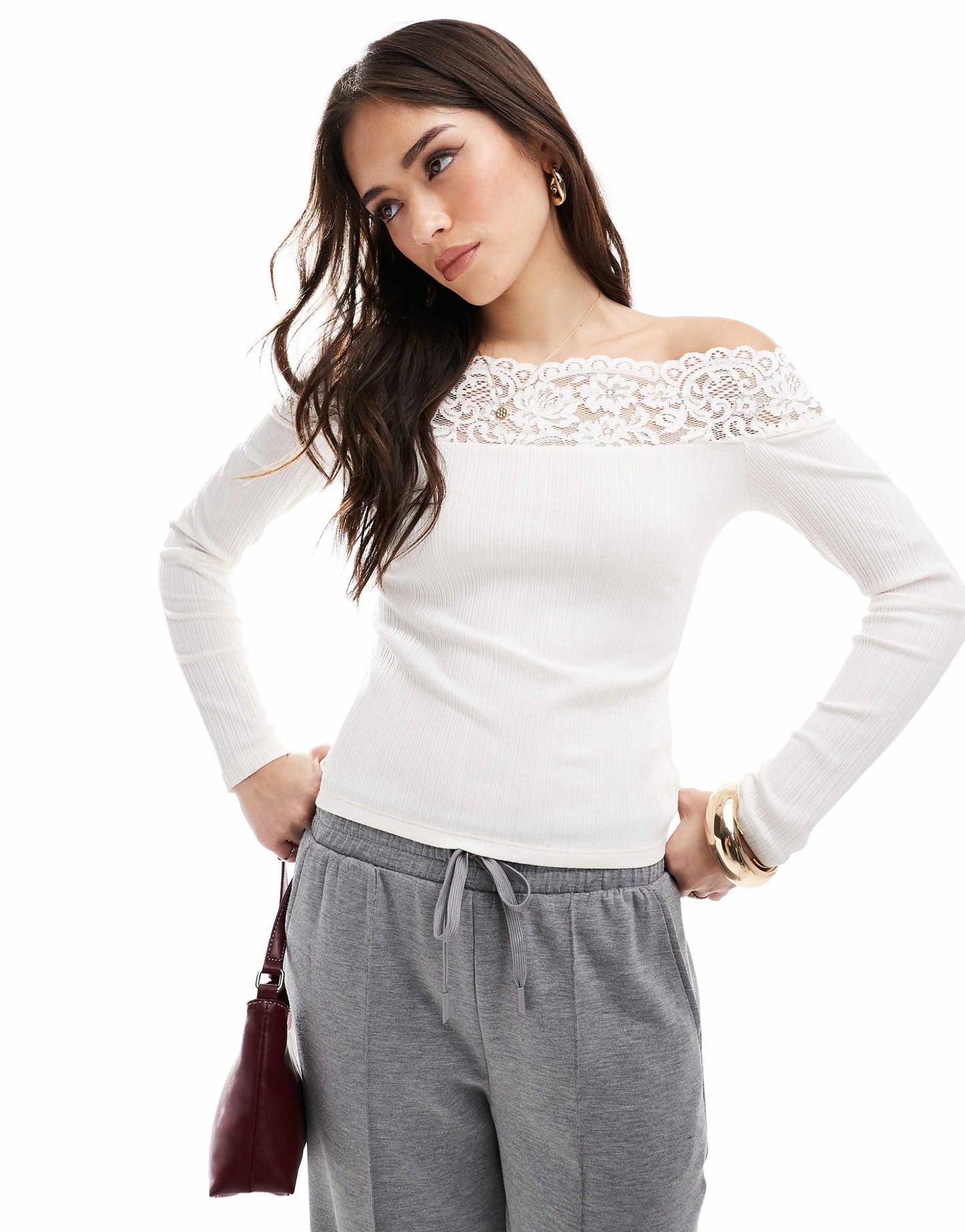 Morgan Lace Trim Fine Rib Long Sleeve Top