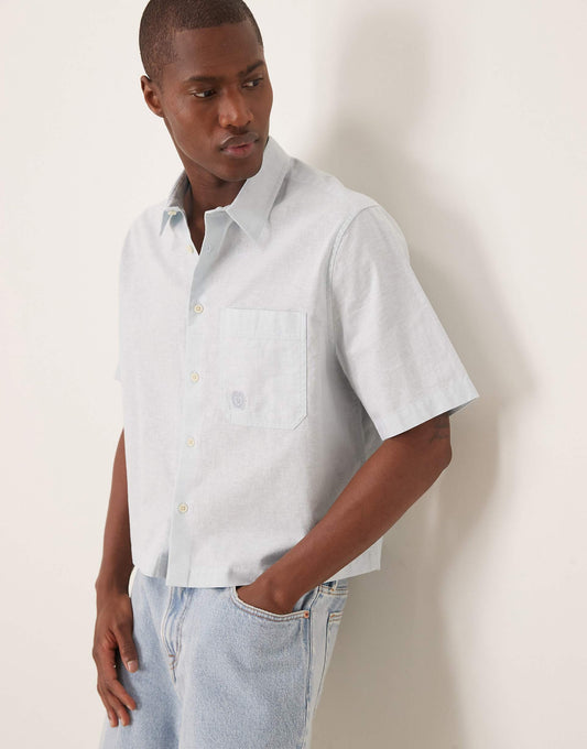 Boxy Relaxed Linen Blend Shirt With Tonal Chest Embroidery