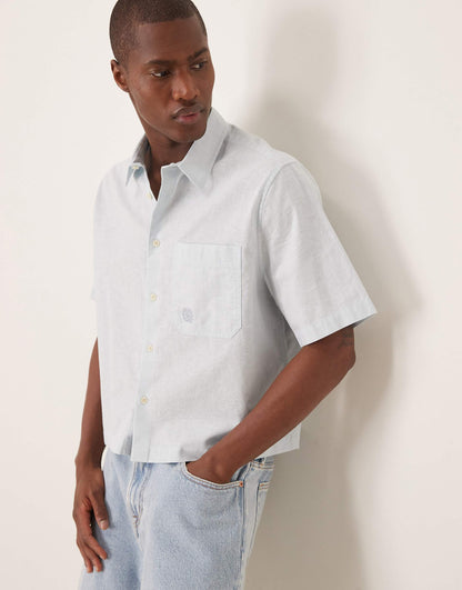 Boxy Linen Blend Shirt With Tonal Chest Embroidery