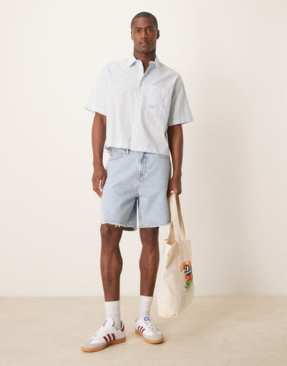 Boxy Linen Blend Shirt With Tonal Chest Embroidery