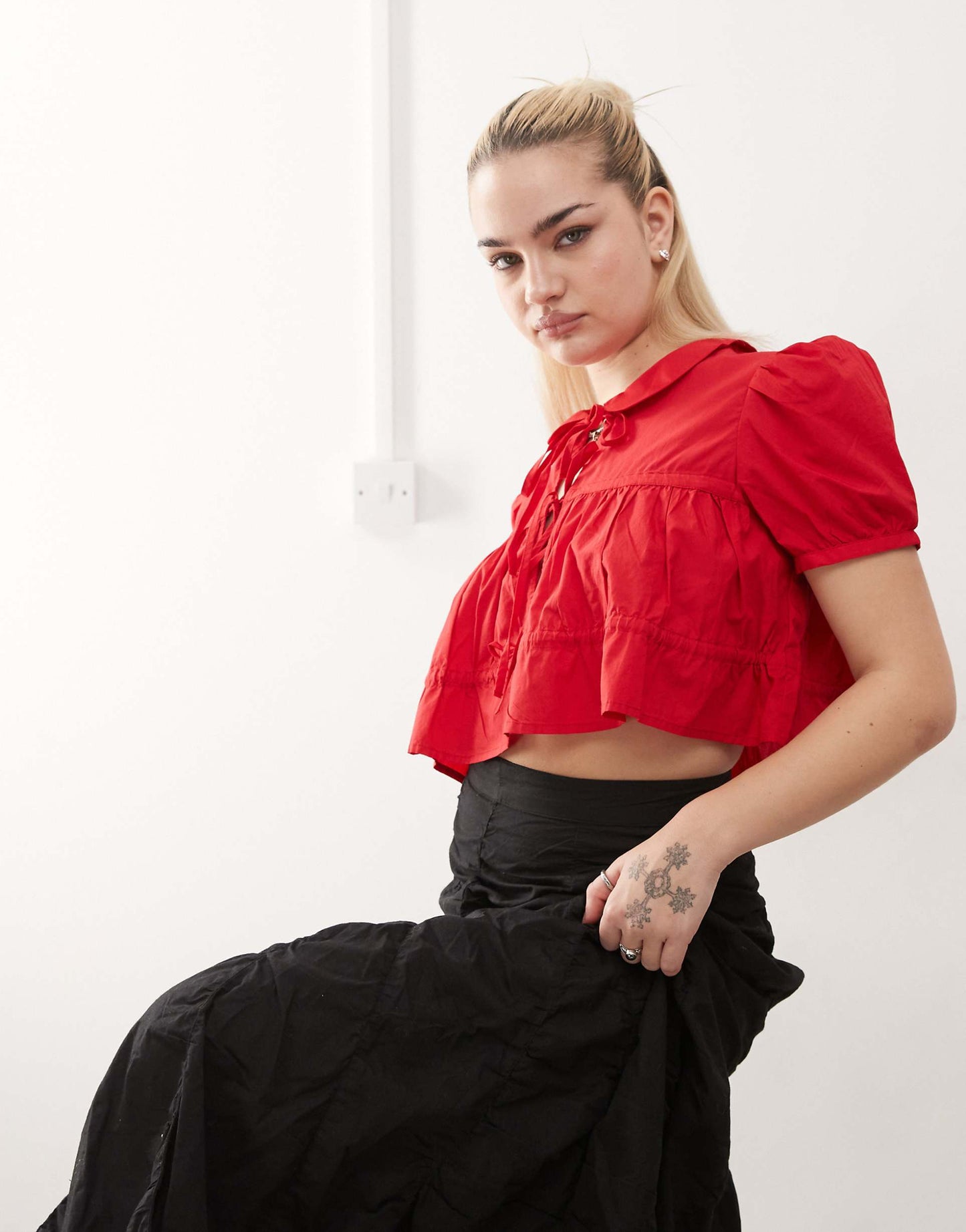 Cotton Poplin Peplum Tie Shirt Top With Collar And Front Tie Up Detail