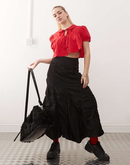 Cotton Poplin Peplum Tie Shirt Top With Collar And Front Tie Up Detail