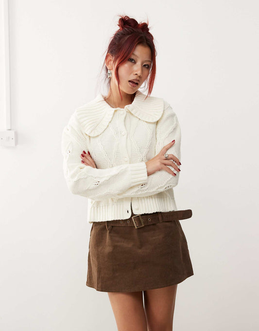 Knitted Pattern Cardigan With Collar And Puff Sleeves