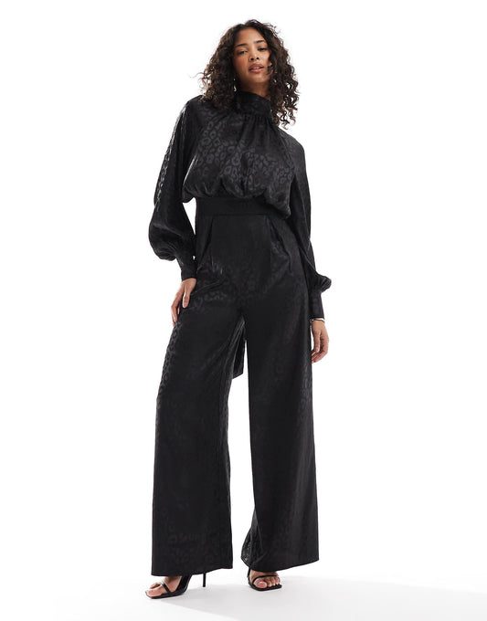 High Neck Satin Jumpsuit With Long Sleeves