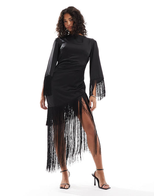 Satin Maxi Dress With Tassel Detail