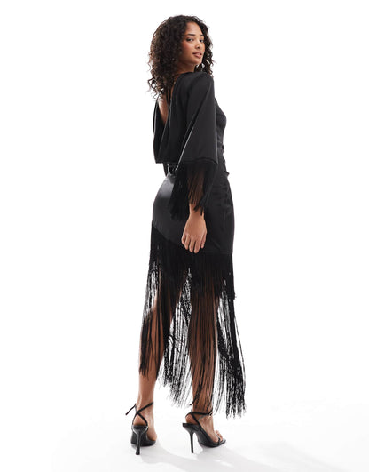 Satin Maxi Dress With Tassel Detail