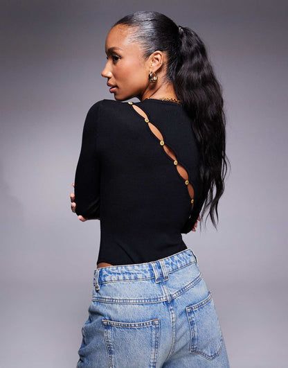 Exclusive Asymmetric Button Back Knitted Long Sleeve Bodysuit
