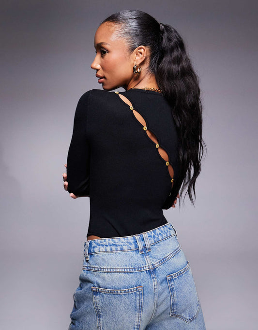 Exclusive Asymmetric Button Back Knitted Long Sleeve Bodysuit