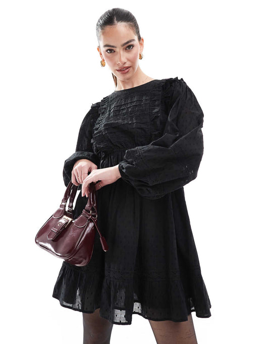 Long Sleeve Pintuck Trim Insert Mini Dress