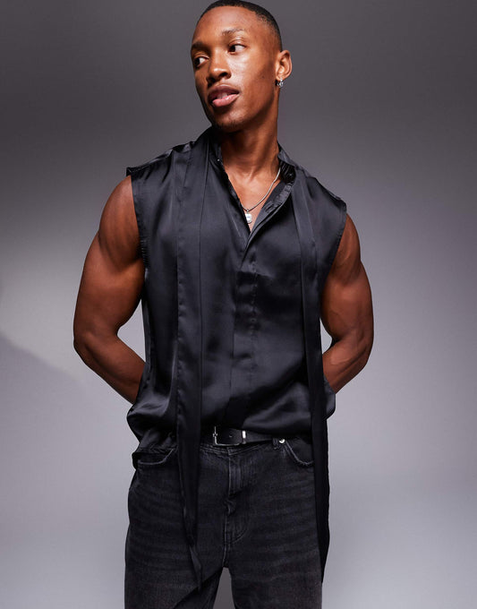 Sleeveless Satin Regular Shirt With Tie Neck