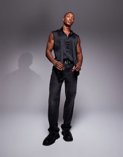 Sleeveless Satin Regular Shirt With Tie Neck