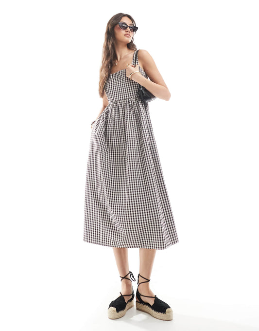 Brown And White Check Seersucker Midi Dress