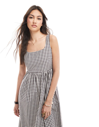 Brown And White Check Seersucker Midi Dress