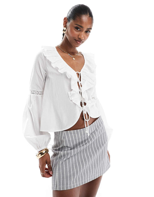 Ruffle Front Long Sleeve Blouse
