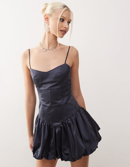 Satin Corset Detail Puffball Mini Dress