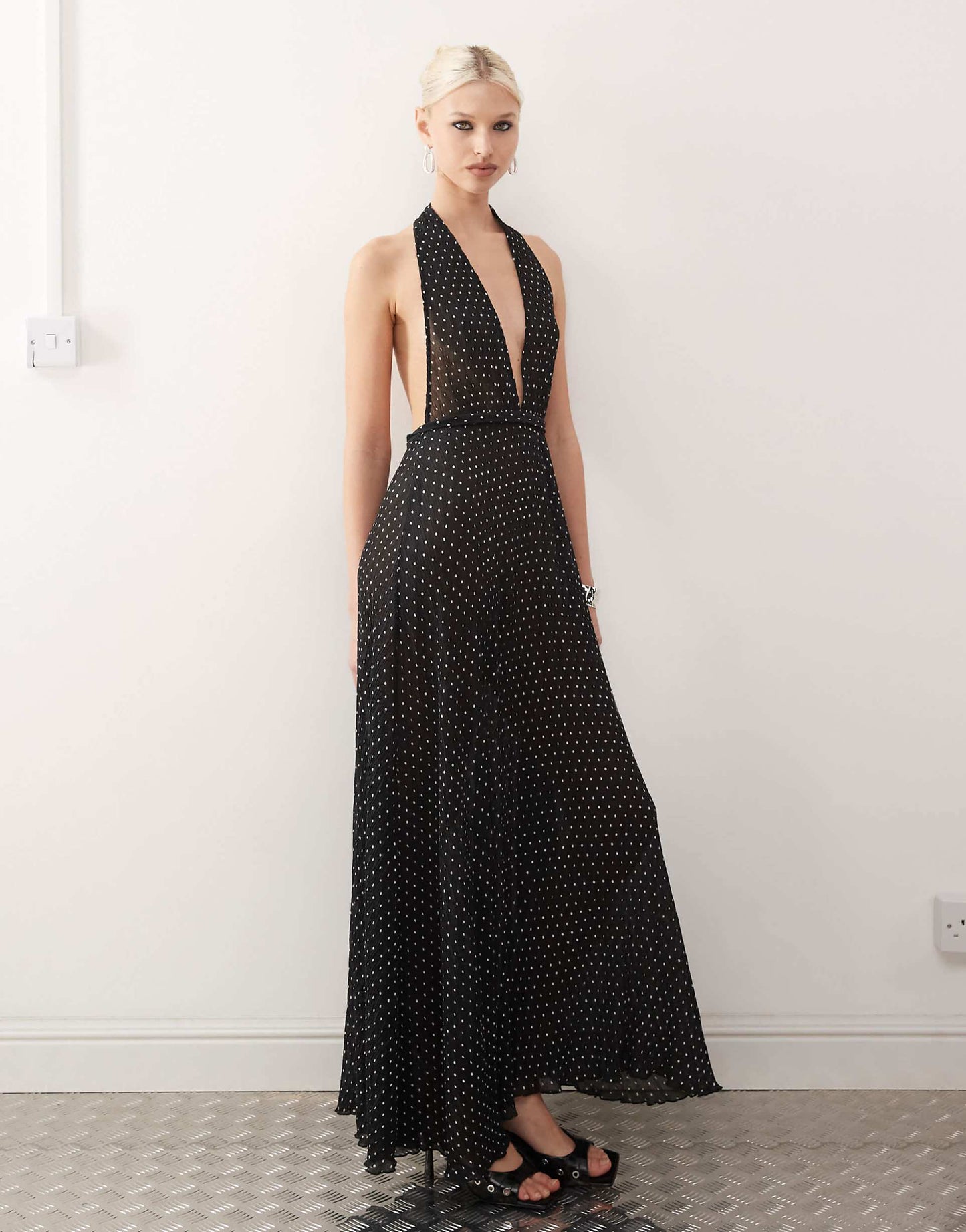 Plunge Backless Halter Plisse Maxi Dress