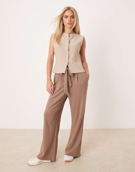Petite Tie Waist Wide Leg Trouser