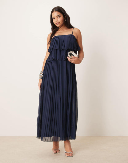 Pleated Ruffle Layer Cami Maxi Dress