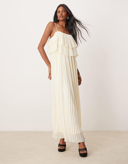 Pleated Ruffle Layer Cami Maxi Dress