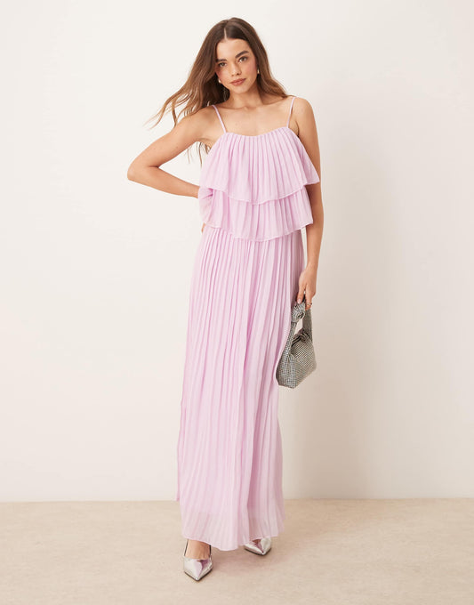 Pleated Ruffle Layer Cami Maxi Dress