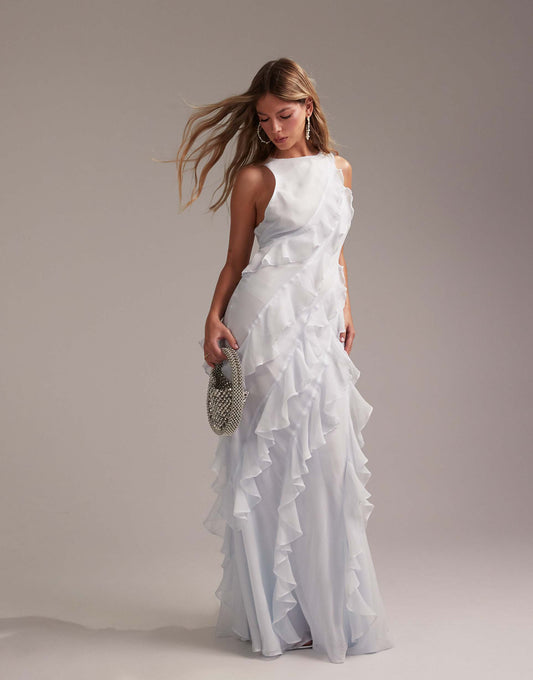 Bridesmaids Racer Neck Bias Ruffle Maxi Dress