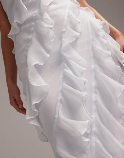 Bridesmaids Racer Neck Bias Ruffle Maxi Dress