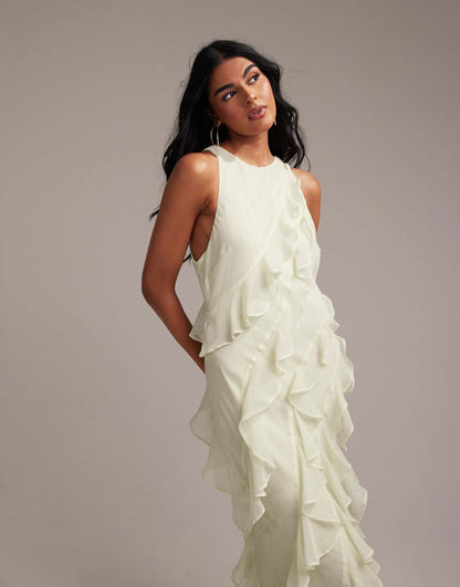 Bridesmaids Racer Neck Bias Ruffle Maxi Dress