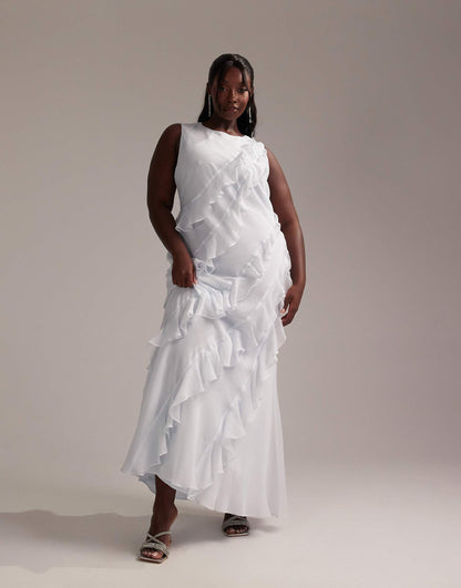 Curve Bridesmaids Racer Neck Bias Ruffle Maxi Dress