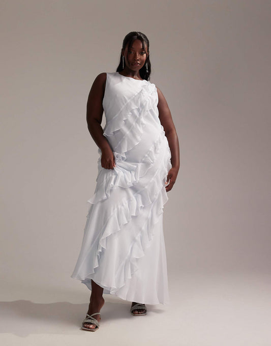 Curve Bridesmaids Racer Neck Bias Ruffle Maxi Dress