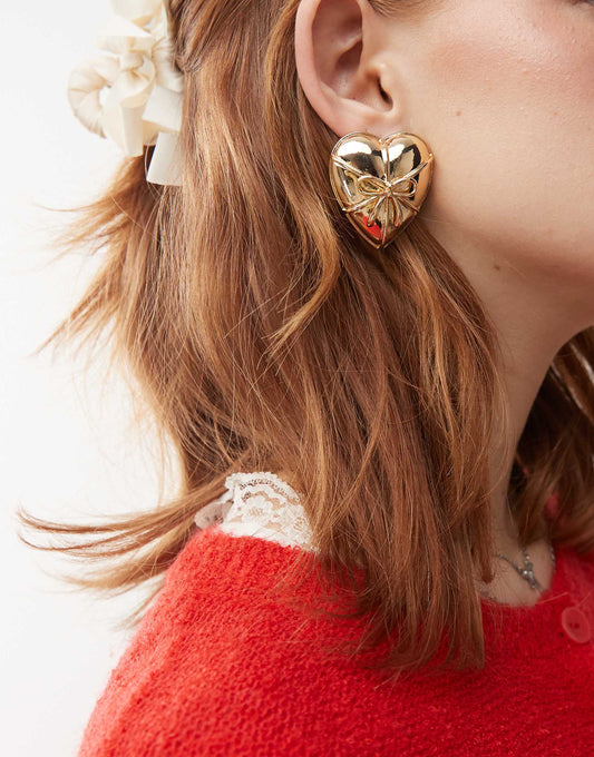 Oversized Heart Studs With Bows