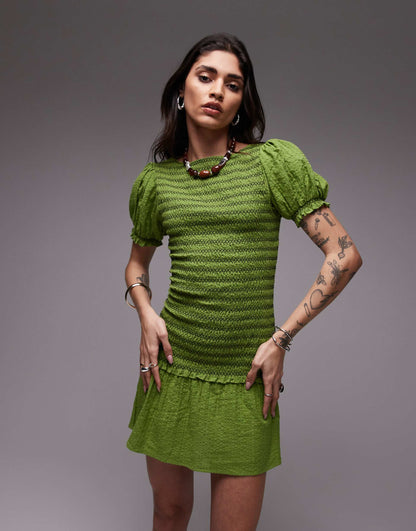 Shirred Mini Dress With Contrast Stitch