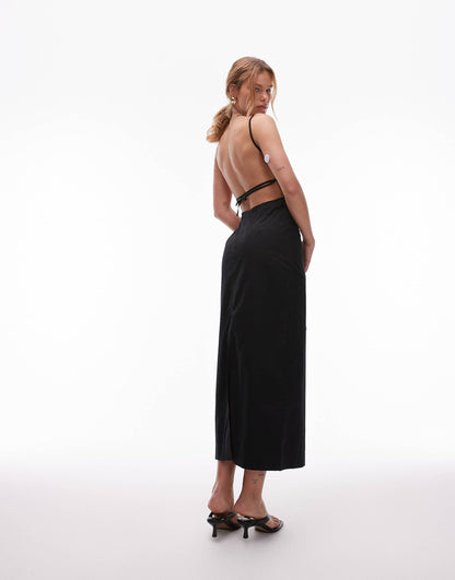 Tucked Side Backless Poplin Midi Dress