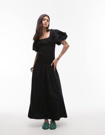 Puff Sleeve Square Neck Shirred Midi Dress