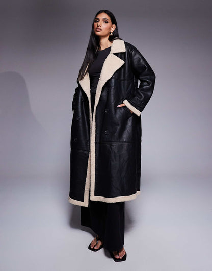 Leather Look Contrast Faux Shearling Button Front Longline Coat